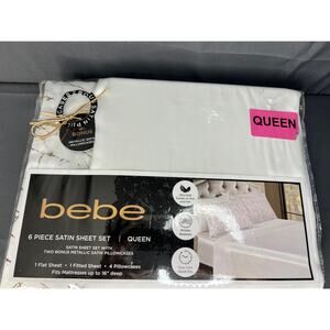 bebe 6 Pc White Satin Queen Size Sheet Set with 2 Bonus Pillowcases NIP
